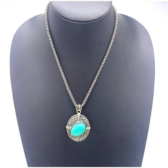 Faux Turquoise Popcorn Chain Pendant Necklace Silver Tone 18.5 to 21 Inches - Picture 1 of 6